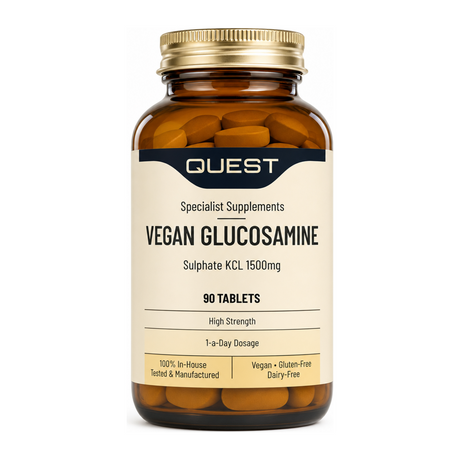 Quest Vegan Glucosamine Sulphate KCl 1500mg by Quest Natural Remedies — front view showing product label and branding, studio product photo on white background