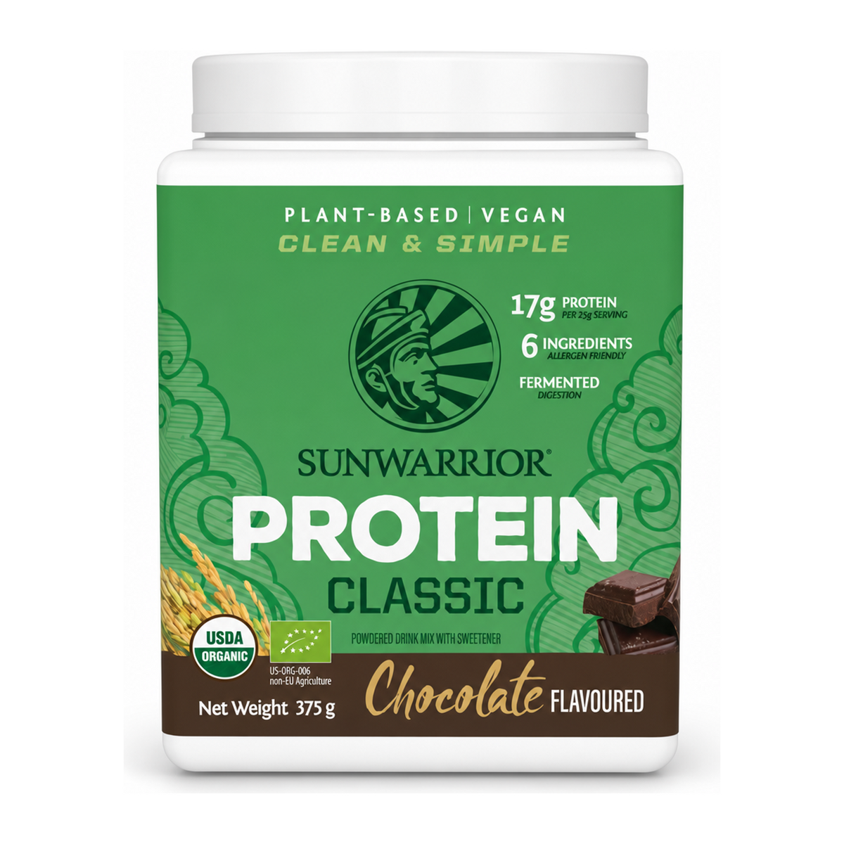 Sunwarrior Organic Classic Chocolate by Sunwarrior Natural Remedies — front view showing product label and branding, studio product photo on white background