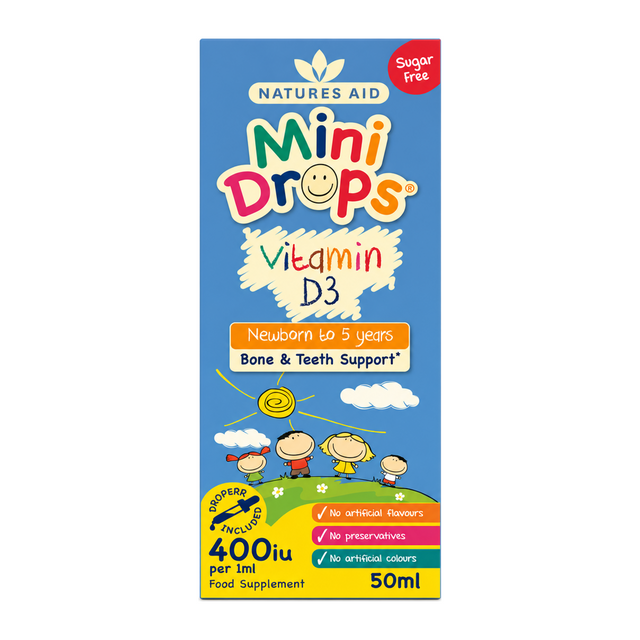 Natures Aid Vitamin D3 400iu Drops for Newborn Babies and Children by Natures Aid Vitamin & Mineral Supplements — front view showing product label and branding, studio product photo on white background
