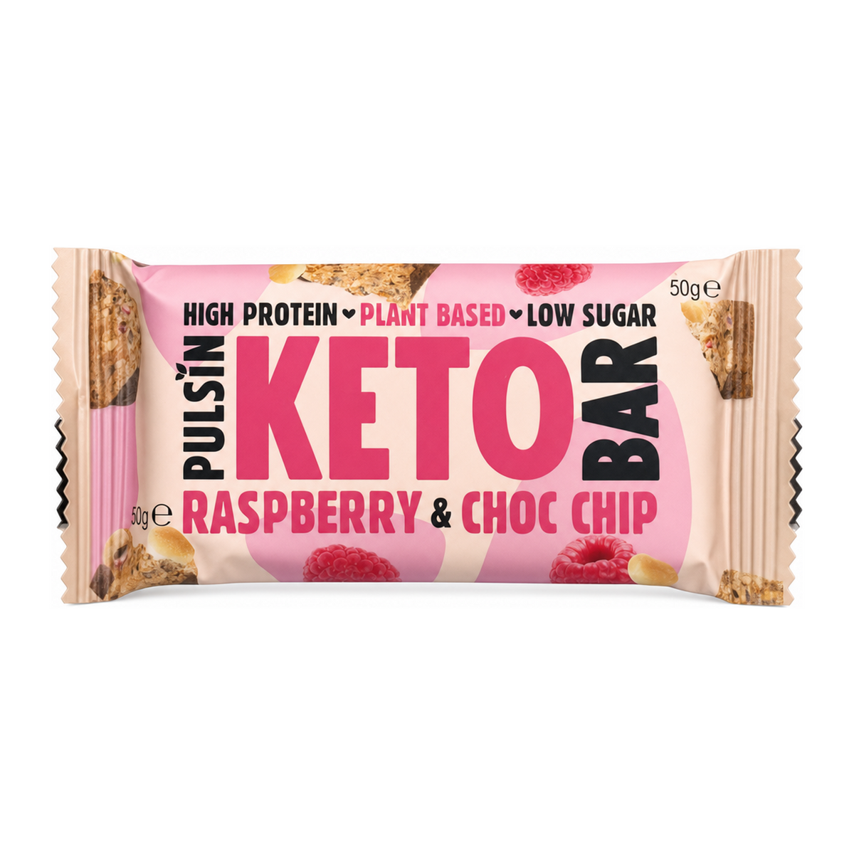 Pulsin Raspberry Choc Chip Keto Bar by Pulsin Food & Drinks — front view showing product label and branding, studio product photo on white background