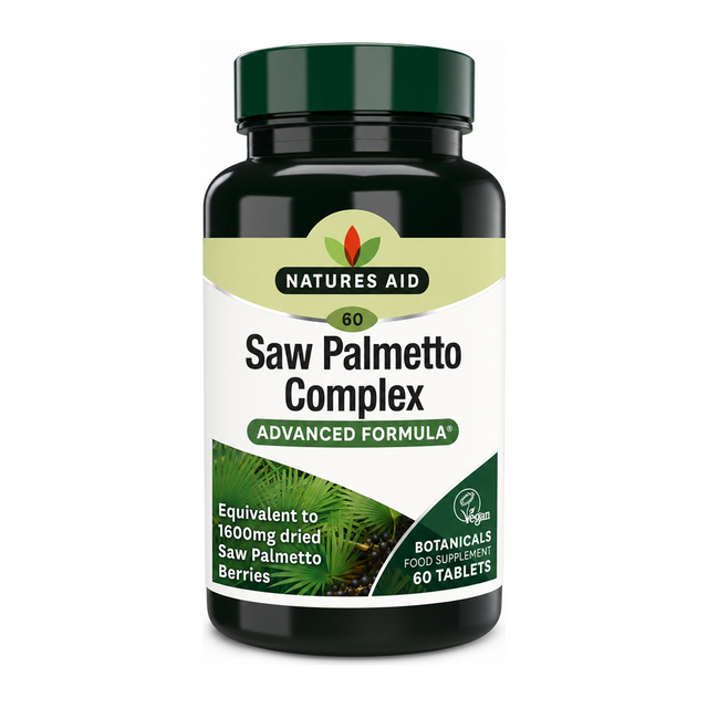 Natures Aid Saw Palmetto Complex for Men 60 Tablets by Natures Aid Natural Remedies — front view showing product label and branding, studio product photo on white background