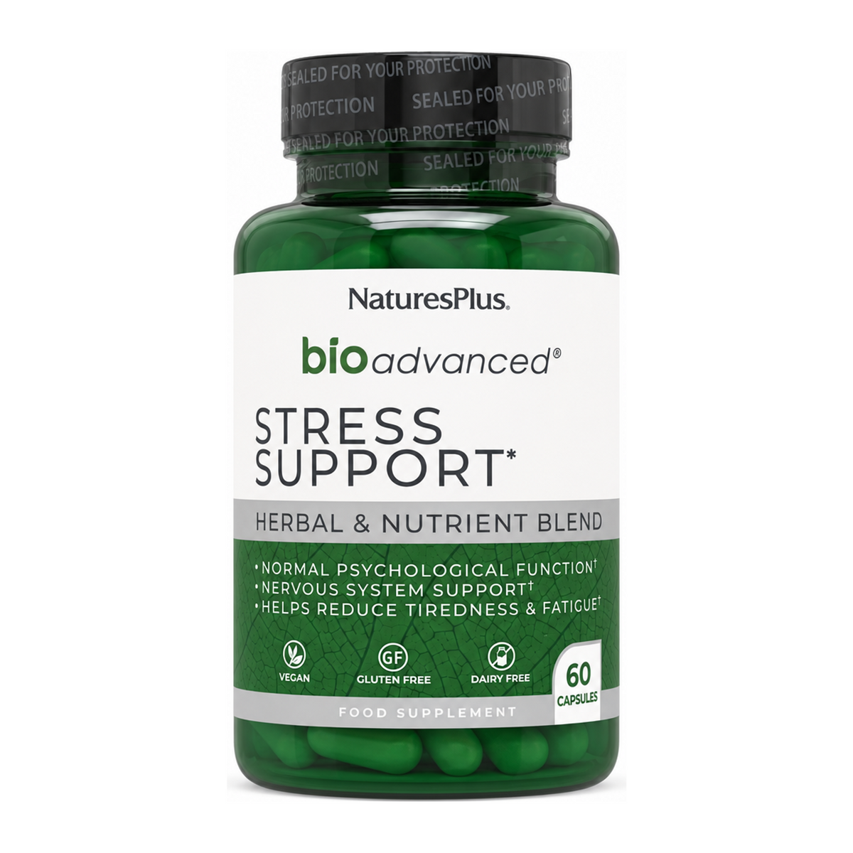 Nature's Plus BioAdvanced Stress Support Capsules by NaturesPlus Natural Remedies — front view showing product label and branding, studio product photo on white background