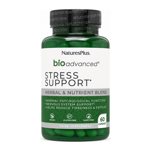 Nature's Plus BioAdvanced Stress Support Capsules by NaturesPlus Natural Remedies — front view showing product label and branding, studio product photo on white background