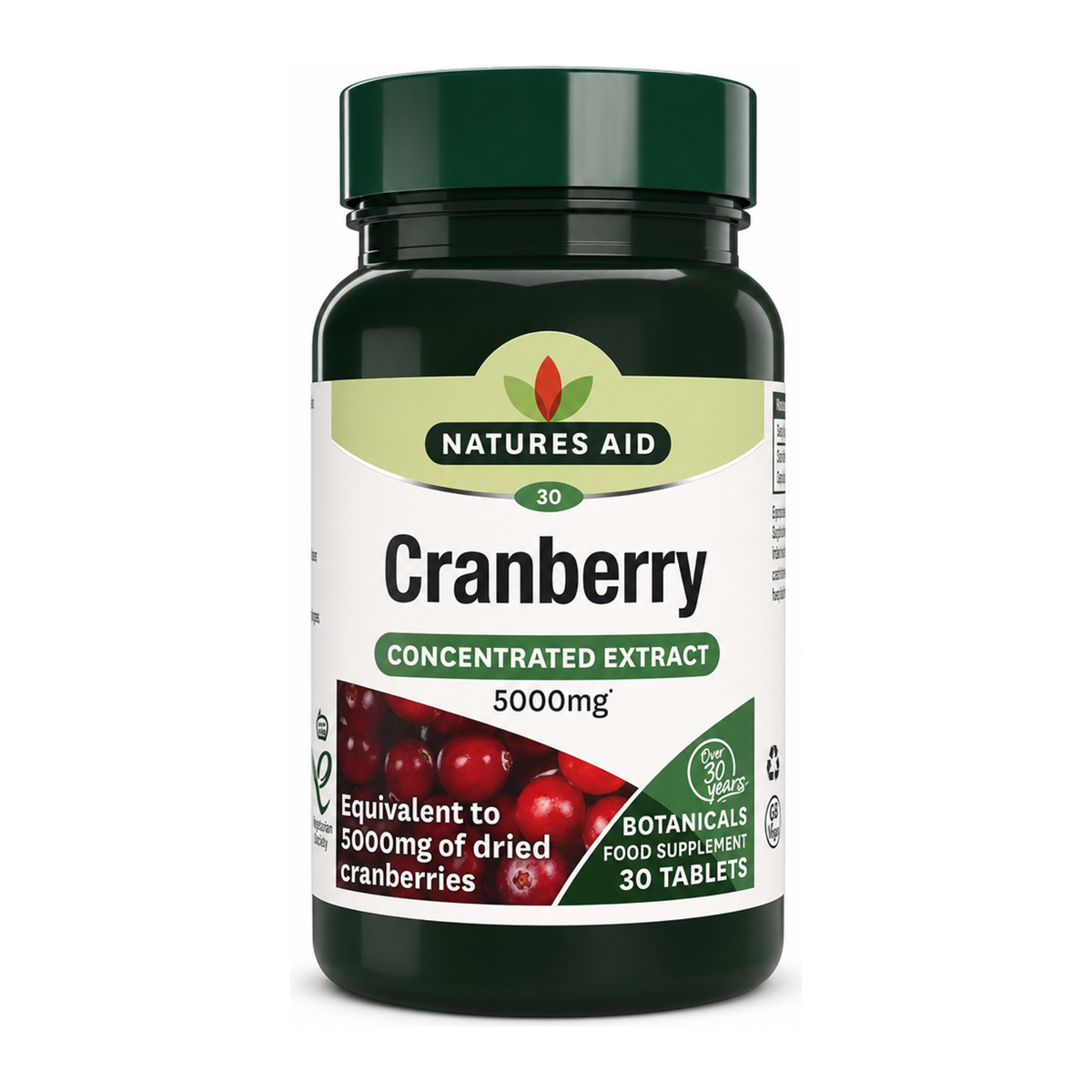 Natures Aid Cranberry - 200mg (5000mg equiv) 30 Tabs by Natures Aid Natural Remedies — front view showing product label and branding, studio product photo on white background