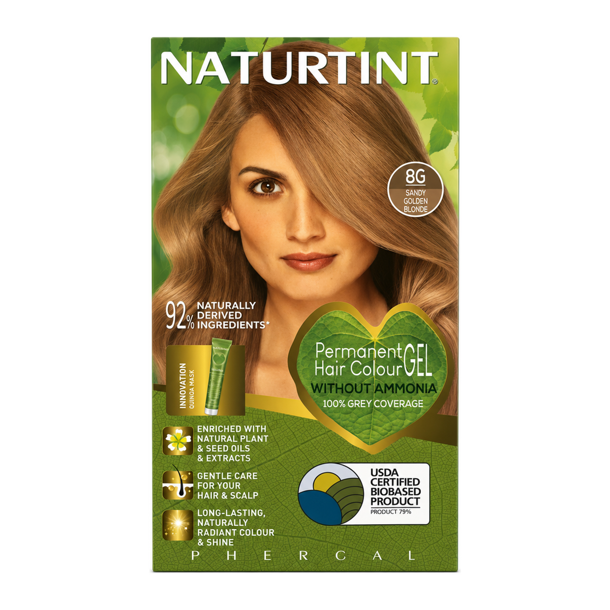 Naturtint Permanent Hair Colourant Sandy Golden Blonde 8G 170ml by Naturtint Natural Beauty — front view showing product label and branding, studio product photo on white background
