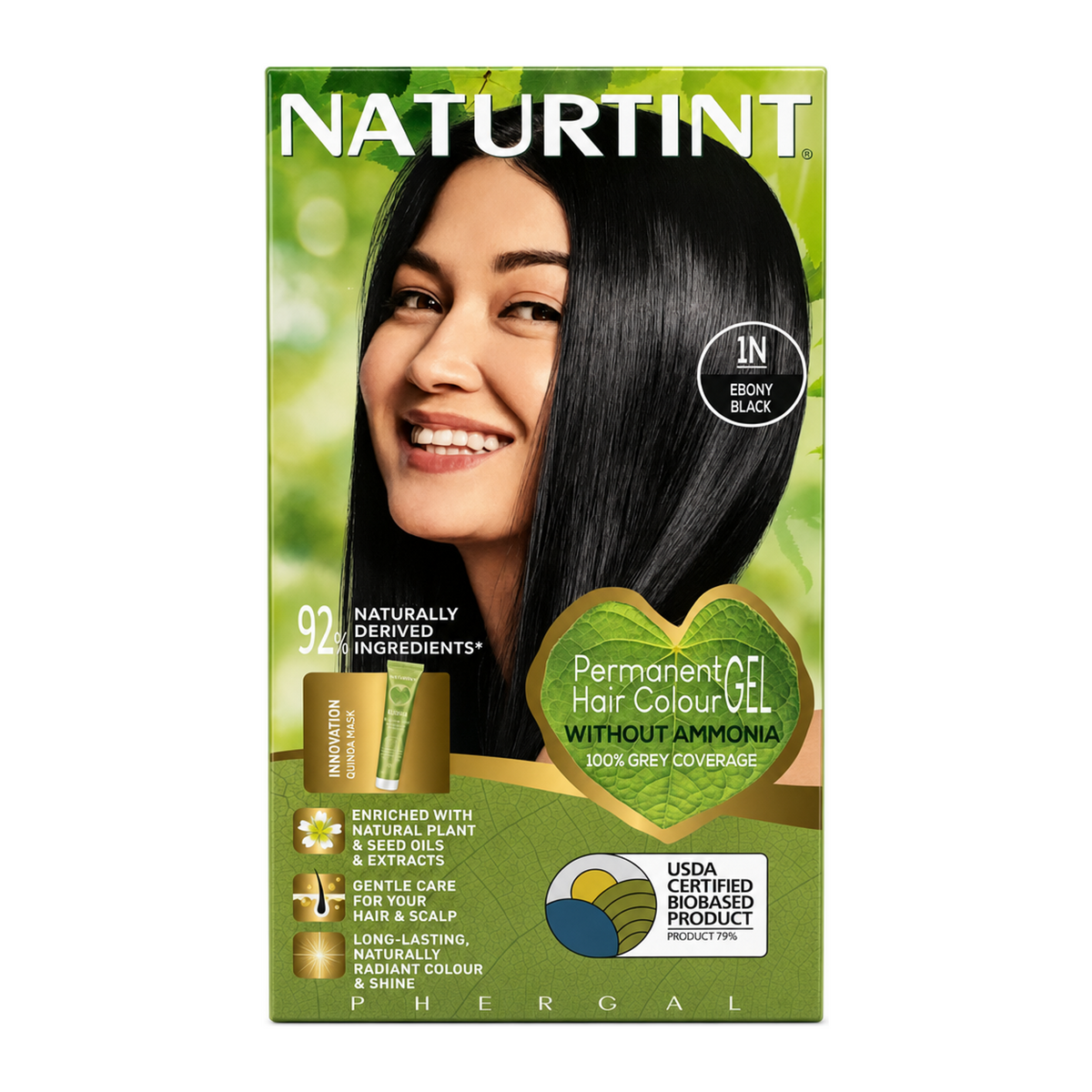 Naturtint Permanent Hair Colourant Ebony Black 1N 170ml by Naturtint Natural Beauty — front view showing product label and branding, studio product photo on white background