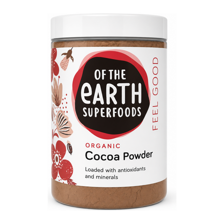 Of The Earth Organic Cocoa Powder by Of The Earth Superfoods Health Food — front view showing product label and branding, studio product photo on white background