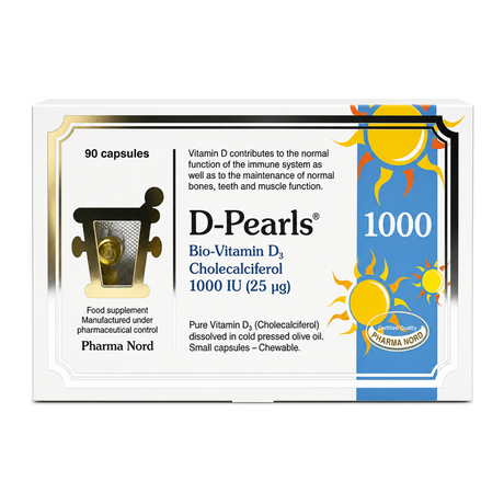 Pharma Nord D-Pearls 1000 IU by Pharma Nord Natural Remedies — front view showing product label and branding, studio product photo on white background