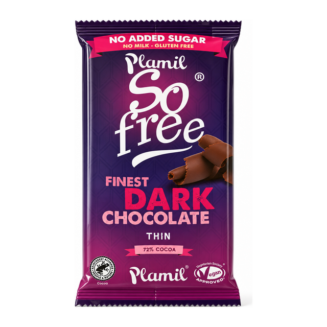 Plamil So Free No Added Sugar Finest Dark Thin Chocolate by Plamil Food & Drinks — front view showing product label and branding, studio product photo on white background