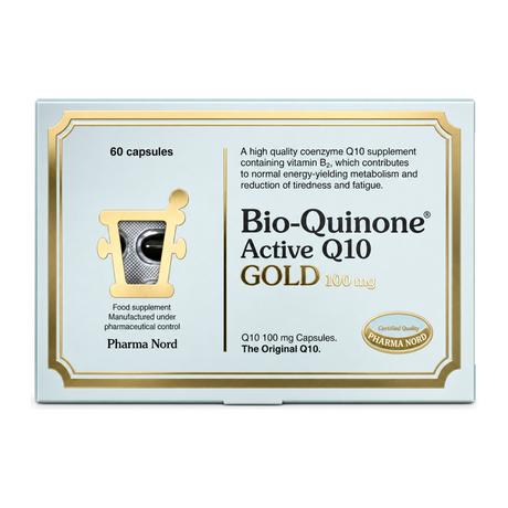Bio-Quinone Q10 Gold 100mg Capsules by Pharma Nord Natural Remedies — front view showing product label and branding, studio product photo on white background