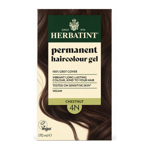 Herbatint Chestnut Ammonia Free hair Colour 4N by Herbatint Natural Beauty — front view showing product label and branding, studio product photo on white background