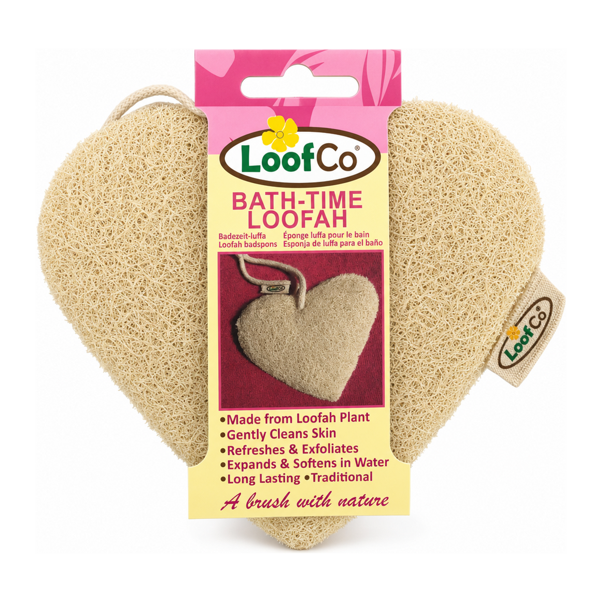 LoofCo Bath-Time loofah heart shape plastic free by LoofCo Natural Beauty — front view showing product label and branding, studio product photo on white background