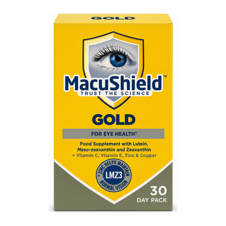 MacuShield Gold X 90 Capsules by MacuShield Natural Remedies — front view showing product label and branding, studio product photo on white background