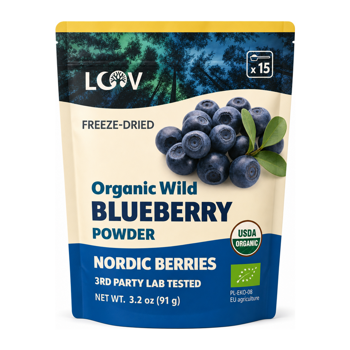 Loov Organic Wild Blueberry Freeze-Dried Powder by Loov Natural Remedies — front view showing product label and branding, studio product photo on white background