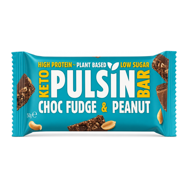 Pulsin Choc Fudge & Peanut Keto Bar by Pulsin Food & Drinks — front view showing product label and branding, studio product photo on white background