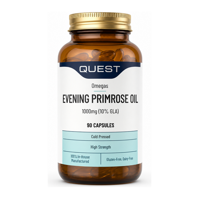 Quest EVENING PRIMROSE OIL 1000mg by Quest Vitamin & Mineral Supplements — front view showing product label and branding, studio product photo on white background