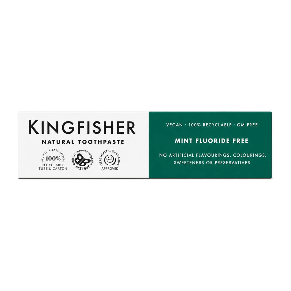 Kingfisher Natural Mint Fluoride Free Toothpaste by Kingfisher Natural Beauty — front view showing product label and branding, studio product photo on white background
