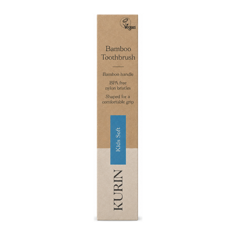 Kurin Kids Soft BPA Free Bamboo Toothbrush - Blue by Kurin Personal Care — front view showing product label and branding, studio product photo on white background