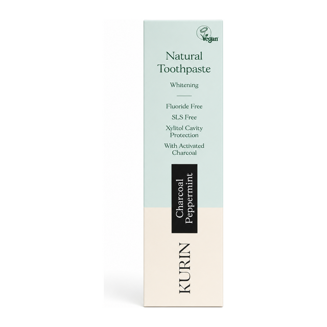 Kurin Fluoride Free Charcoal Whitening Toothpaste - Peppermint by Kurin Natural Beauty — front view showing product label and branding, studio product photo on white background