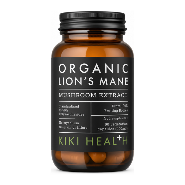 KIKI Health Organic Lion's Mane Extract Mushroom 60 Vegicaps by Kiki Health Natural Remedies — front view showing product label and branding, studio product photo on white background