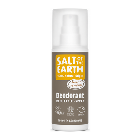 Salt Of the Earth Amber & Sandalwood Deodorant Spray by Salt Of the Earth — front view showing product label and branding, studio product photo on white background
