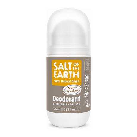 Salt Of the Earth Amber & Sandalwood Refillable Roll-On Deodorant by Salt Of The Earth — front view showing product label and branding, studio product photo on white background