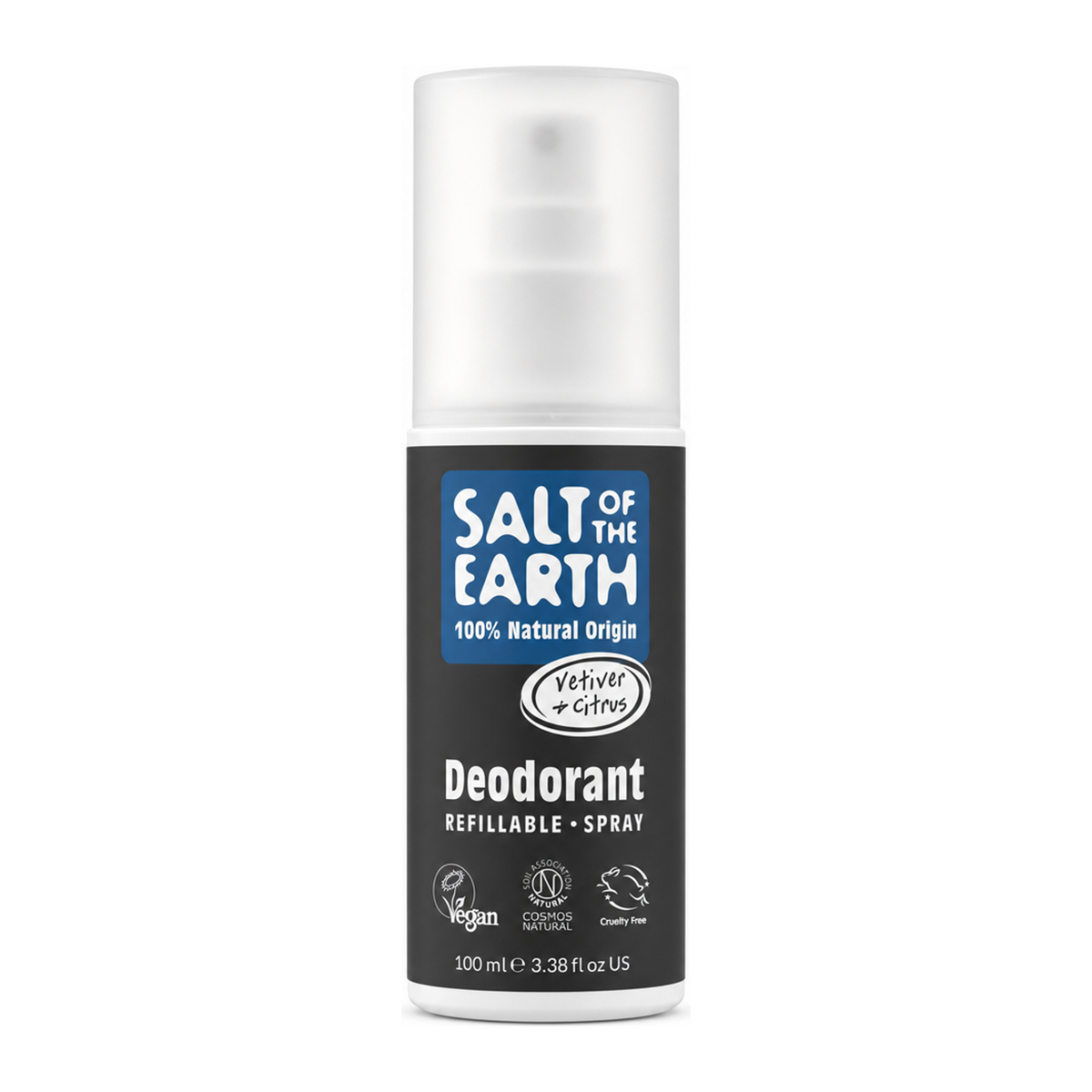 Salt Of the Earth Vetiver & Citrus Natural Deodorant Spray for Men by Salt Of The Earth Natural Beauty — front view showing product label and branding, studio product photo on white background