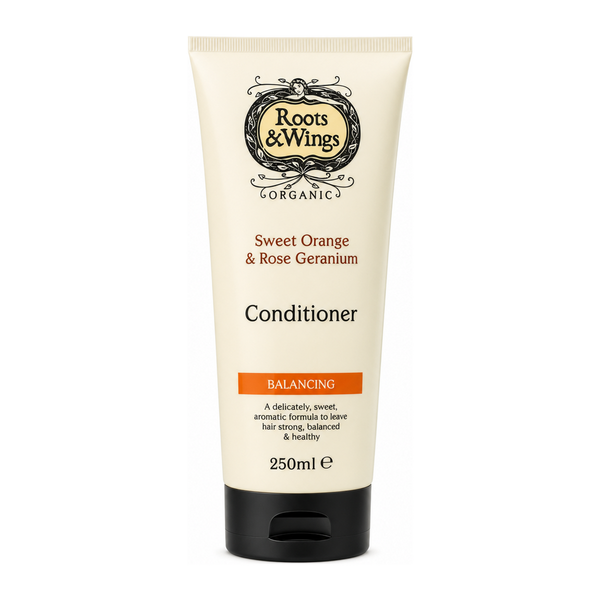 Roots and Wings Organic Sweet Orange & Rose Geranium Conditioner by Roots & Wings Natural Beauty — front view showing product label and branding, studio product photo on white background