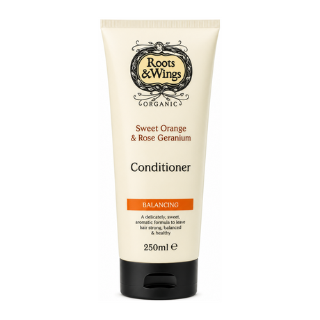 Roots and Wings Organic Sweet Orange & Rose Geranium Conditioner by Roots & Wings Natural Beauty — front view showing product label and branding, studio product photo on white background
