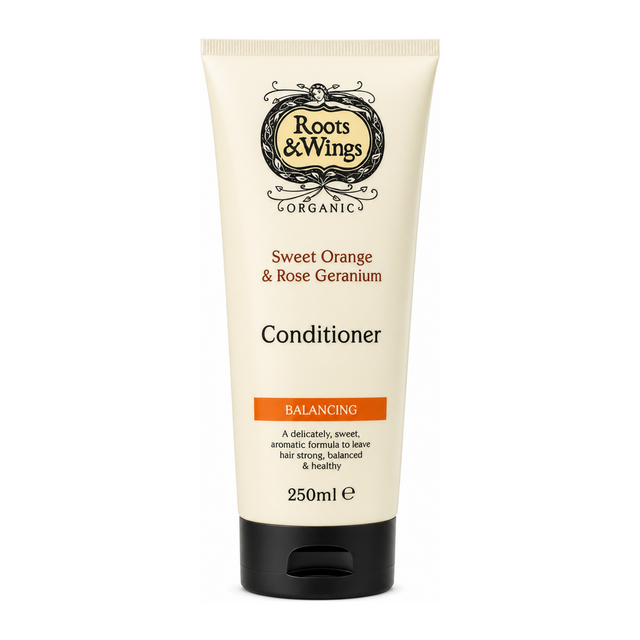 Roots and Wings Organic Sweet Orange & Rose Geranium Conditioner by Roots & Wings Natural Beauty — front view showing product label and branding, studio product photo on white background