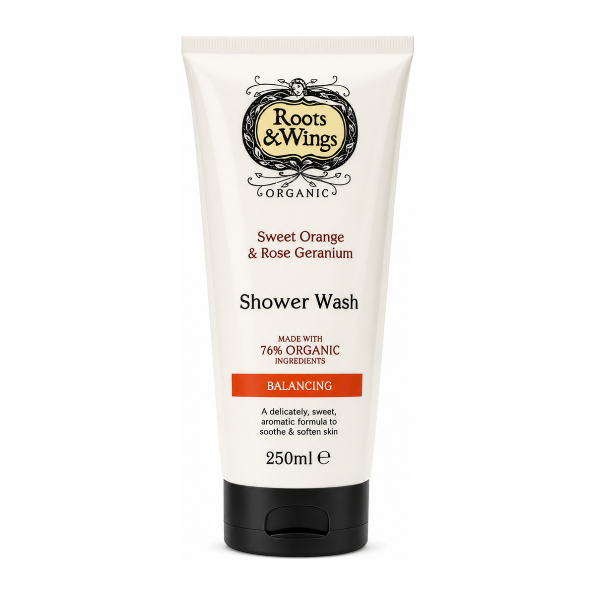 Roots and Wings Organic Sweet Orange & Rose Geranium Shower Wash by Roots & Wings Natural Beauty — front view showing product label and branding, studio product photo on white background