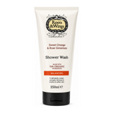 Roots and Wings Organic Sweet Orange & Rose Geranium Shower Wash by Roots & Wings Natural Beauty — front view showing product label and branding, studio product photo on white background