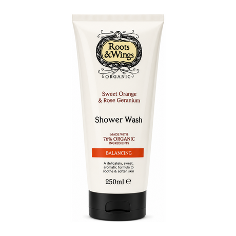 Roots and Wings Organic Sweet Orange & Rose Geranium Shower Wash by Roots & Wings Natural Beauty — front view showing product label and branding, studio product photo on white background