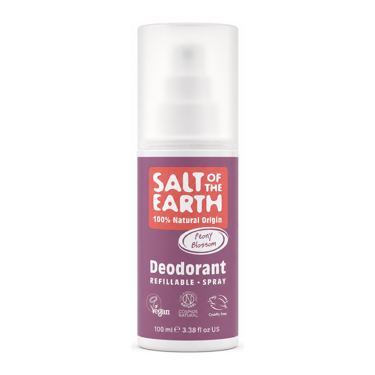 Salt Of the Earth Peony Blossom Natural Deodorant Spray by Salt Of The Earth Natural Beauty — front view showing product label and branding, studio product photo on white background