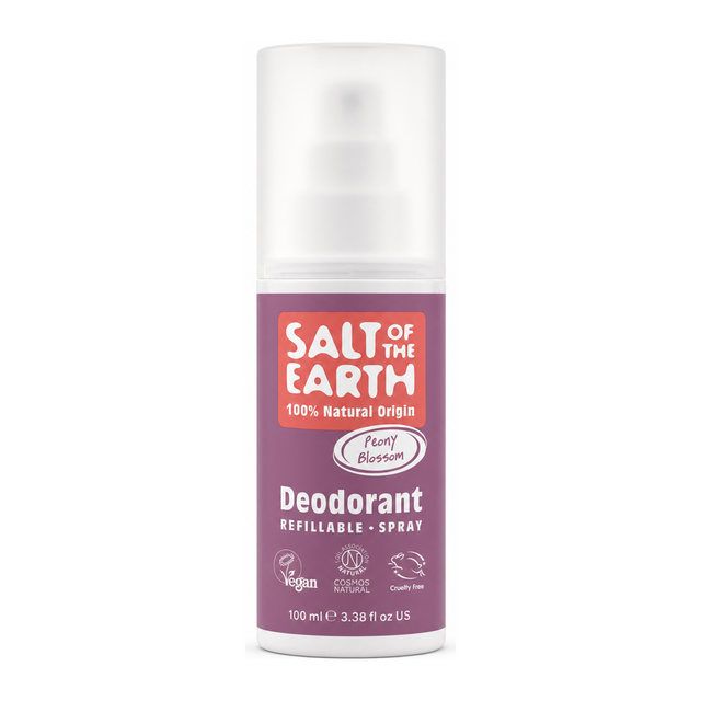 Salt Of the Earth Peony Blossom Natural Deodorant Spray by Salt Of The Earth Natural Beauty — front view showing product label and branding, studio product photo on white background