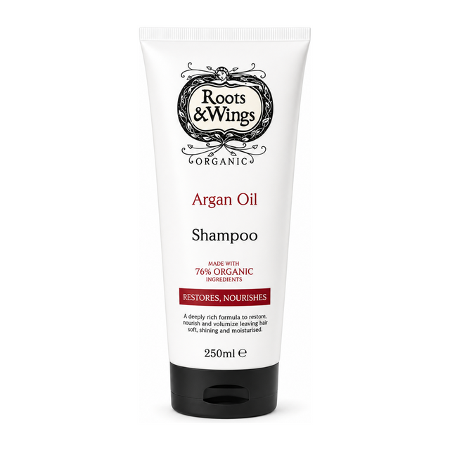Roots and Wings Organic Argan Oil Shampoo by Roots & Wings Natural Beauty — front view showing product label and branding, studio product photo on white background