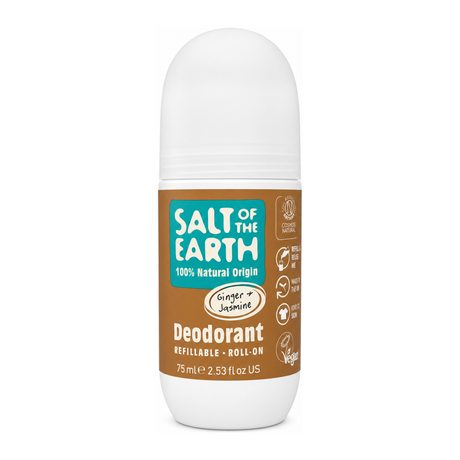 Salt Of the Earth Ginger & Jasmine Refillable Roll-On Deodorant by Salt of the Earth — front view showing product label and branding, studio product photo on white background