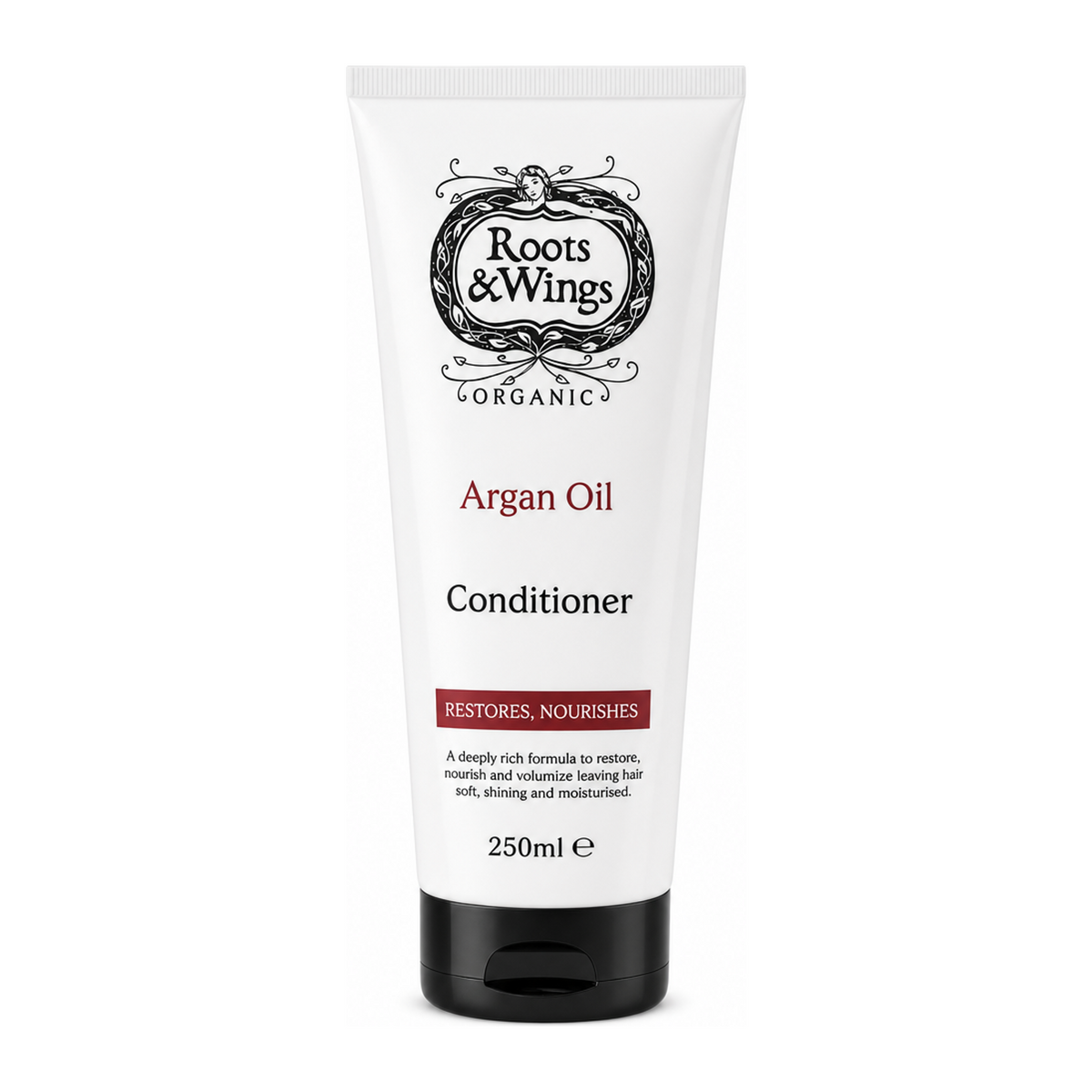 Roots and Wings Organic Argan Oil Conditioner by Roots & Wings Natural Beauty — front view showing product label and branding, studio product photo on white background