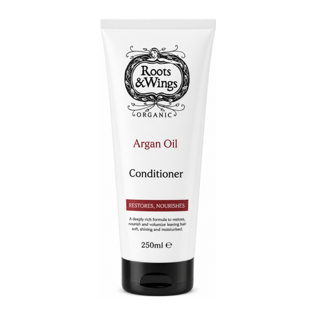 Roots and Wings Organic Argan Oil Conditioner by Roots & Wings Natural Beauty — front view showing product label and branding, studio product photo on white background
