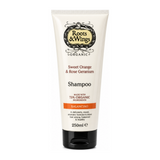 Roots & Wings Organic Sweet Orange & Rose Geranium Shampoo by Roots & Wings Natural Beauty — front view showing product label and branding, studio product photo on white background