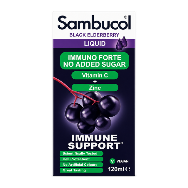 Sambucol Immuno Forte No Added Sugar by Sambucol Natural Remedies — front view showing product label and branding, studio product photo on white background