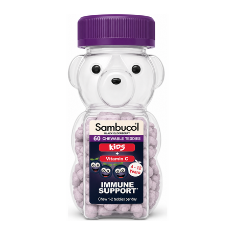 Sambucol Chewable Teddies. Immune Support all year round by Sambucol Natural Remedies — front view showing product label and branding, studio product photo on white background