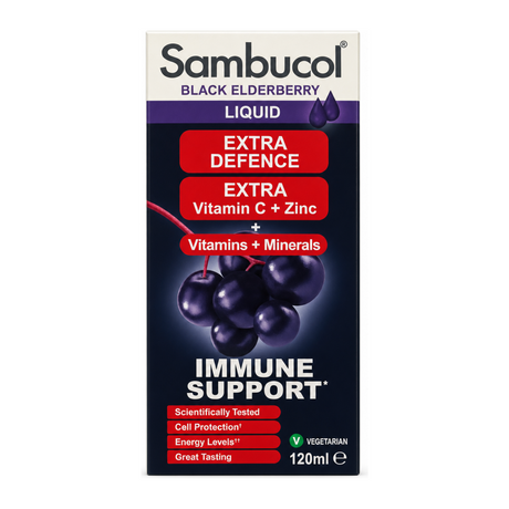 Sambucol Extra Defence by Sambucol Natural Remedies — front view showing product label and branding, studio product photo on white background