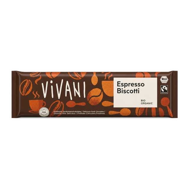Vivani Mini Espresso Biscotti Chocolate Organic by Vivani Food & Drinks — front view showing product label and branding, studio product photo on white background