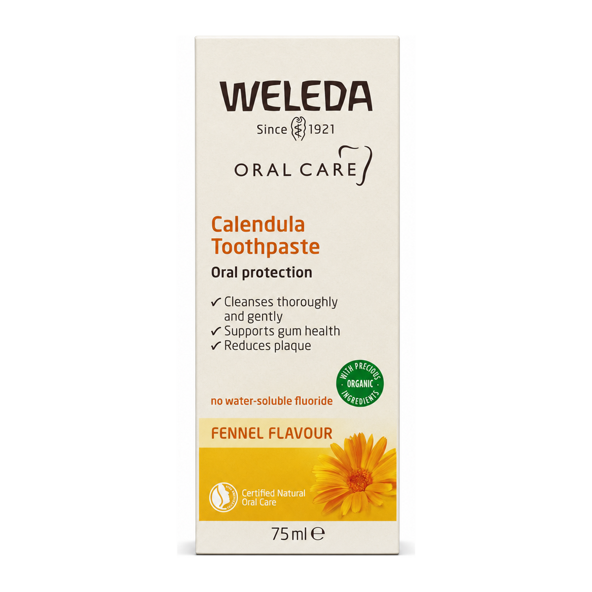 Weleda Calendula Toothpaste by Weleda Natural Beauty — front view showing product label and branding, studio product photo on white background