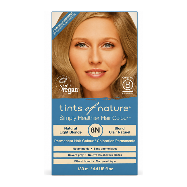 Tints of Nature 8N Natural Light Blonde by Tints of Nature Natural Beauty — front view showing product label and branding, studio product photo on white background