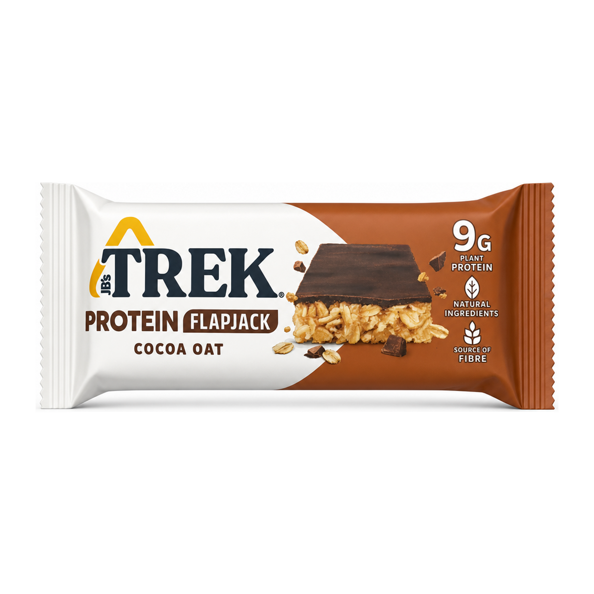 Trek Cocoa & Oat Flapjack by Trek Health Food — front view showing product label and branding, studio product photo on white background
