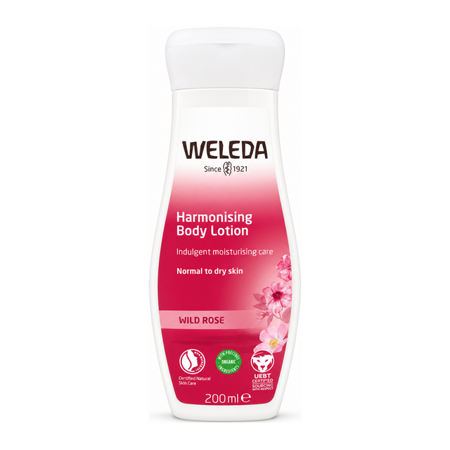 Weleda Wild Rose HARMONISING Body Lotion by Weleda Natural Beauty — front view showing product label and branding, studio product photo on white background