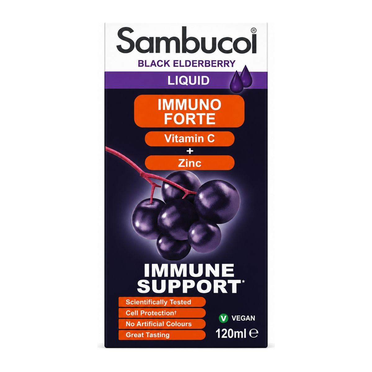 Sambucol Immuno Forte by Sambucol Natural Remedies — front view showing product label and branding, studio product photo on white background