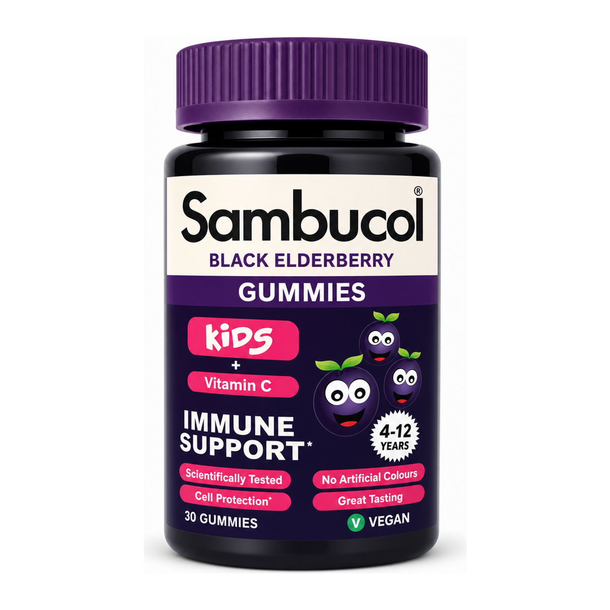 Sambucol Kids Black Elderberry Gummies by Sambucol Natural Remedies — front view showing product label and branding, studio product photo on white background